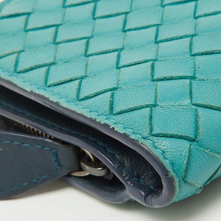 Pre Owned Bottega Veneta Light Blue Intrecciato Leather Compact Wallet