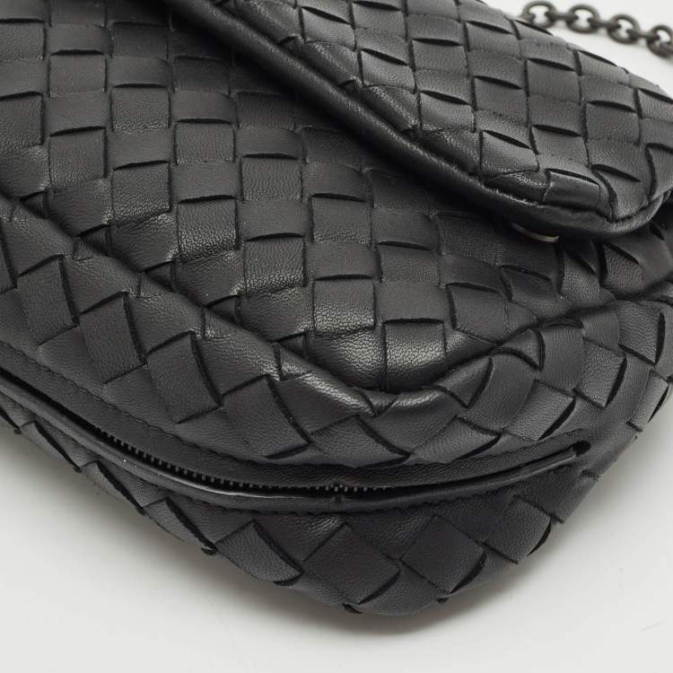 Pre Owned Bottega Veneta Black Intrecciato Leather Flap Chain Crossbody Bag