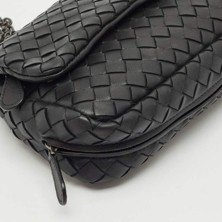 Pre Owned Bottega Veneta Black Intrecciato Leather Flap Chain Crossbody Bag