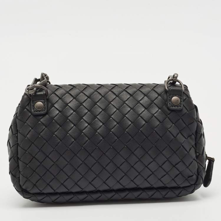 Pre Owned Bottega Veneta Black Intrecciato Leather Flap Chain Crossbody Bag