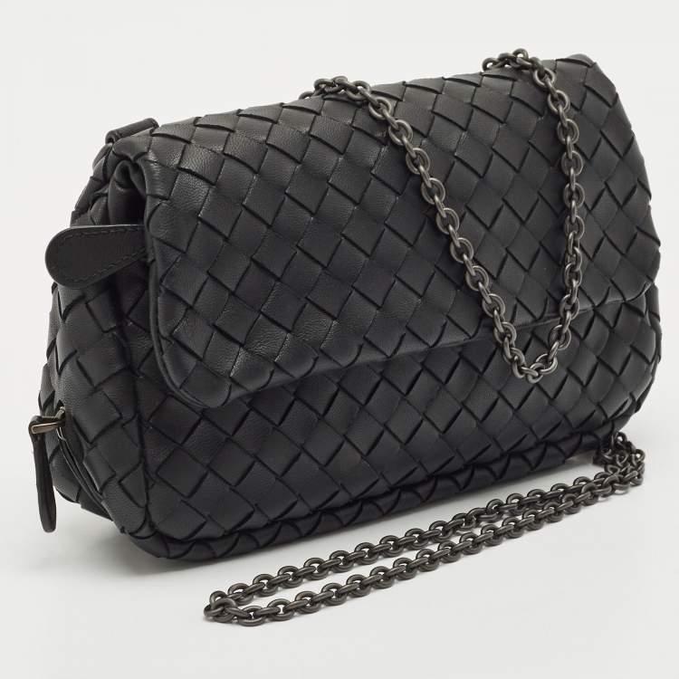 Pre Owned Bottega Veneta Black Intrecciato Leather Flap Chain Crossbody Bag