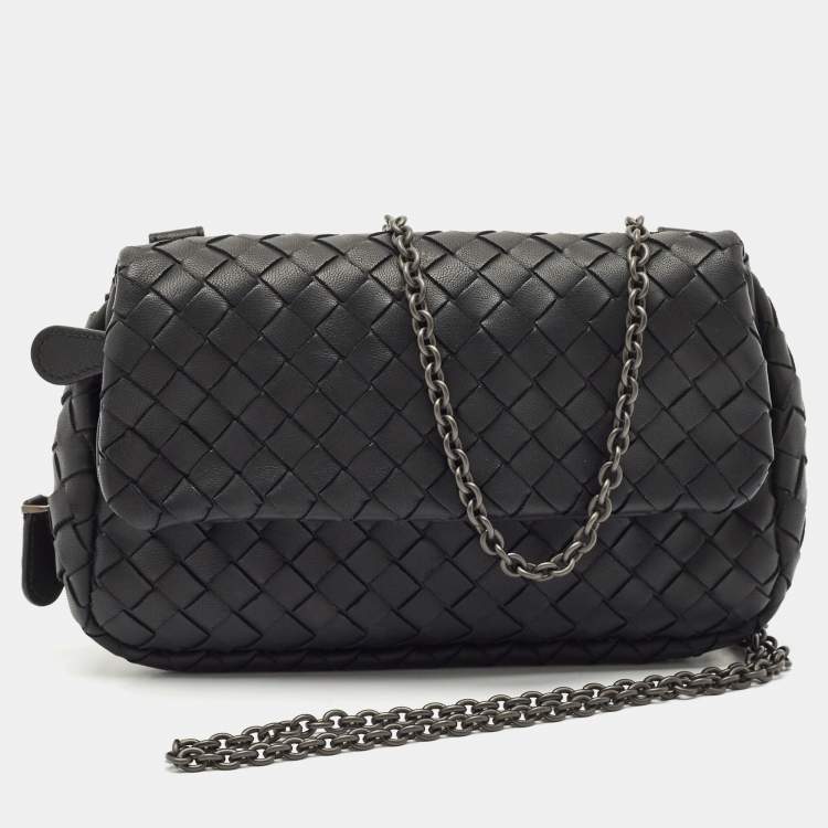Pre Owned Bottega Veneta Black Intrecciato Leather Flap Chain Crossbody Bag