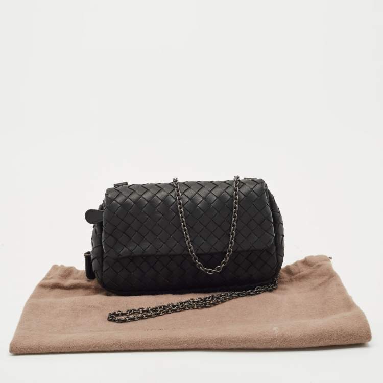 Pre Owned Bottega Veneta Black Intrecciato Leather Flap Chain Crossbody Bag