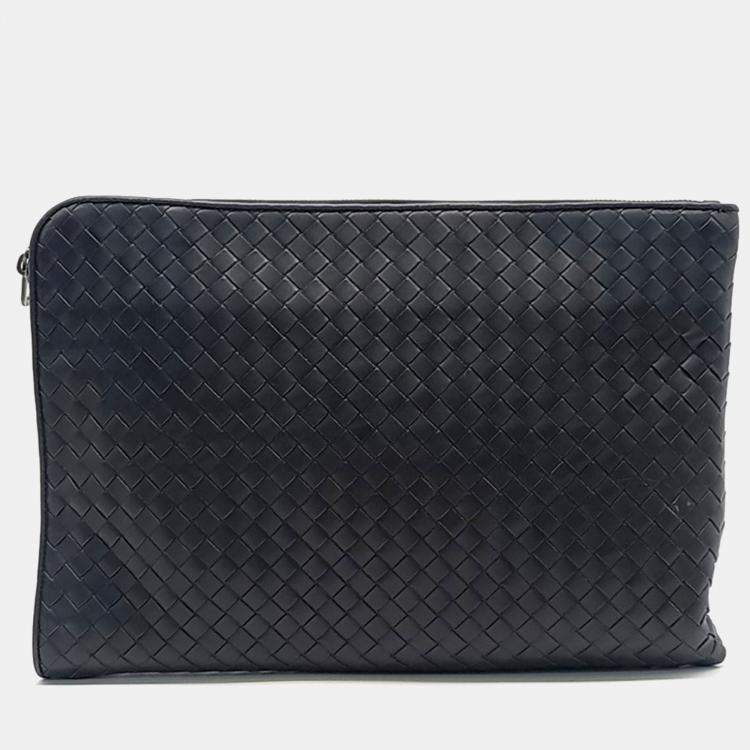 Pre Owned Bottega Veneta Black Leather Mesh Clutch