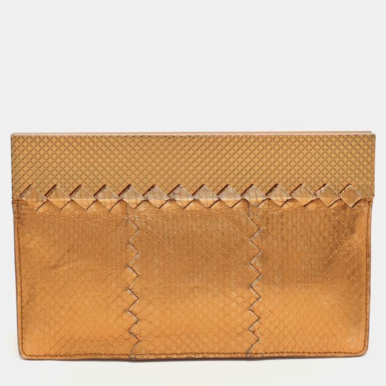 Pre Owned Bottega Veneta Gold Metalic Leather Frame Clutch