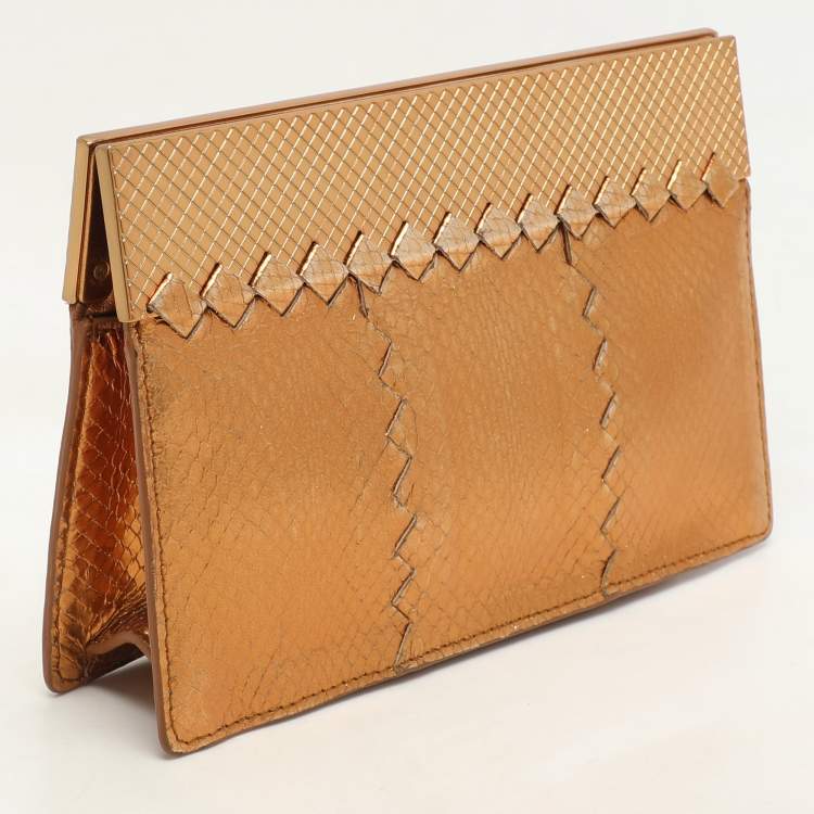 Pre Owned Bottega Veneta Gold Metalic Leather Frame Clutch