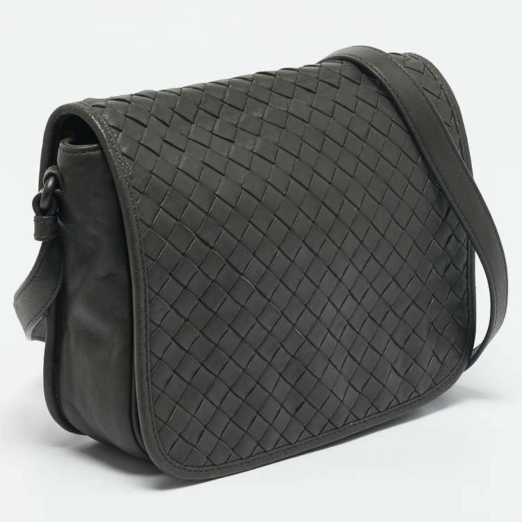 Pre Owned Bottega Veneta Grey Intrecciato Leather Flap Crossbody Bag