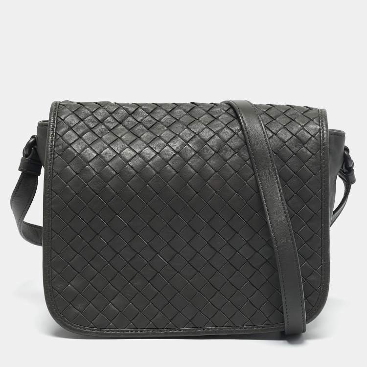 Pre Owned Bottega Veneta Grey Intrecciato Leather Flap Crossbody Bag