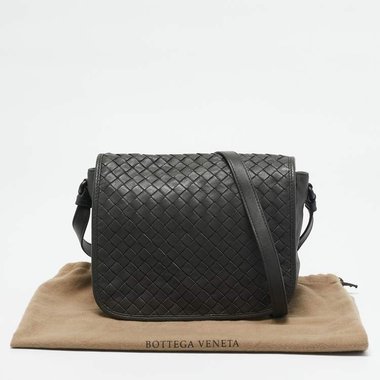 Pre Owned Bottega Veneta Grey Intrecciato Leather Flap Crossbody Bag