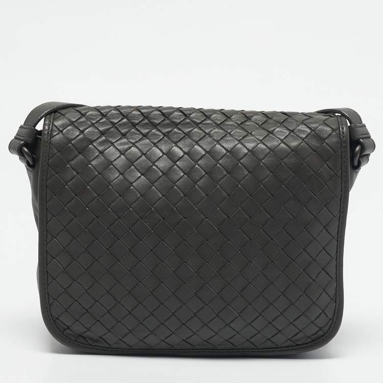 Pre Owned Bottega Veneta Grey Intrecciato Leather Flap Crossbody Bag