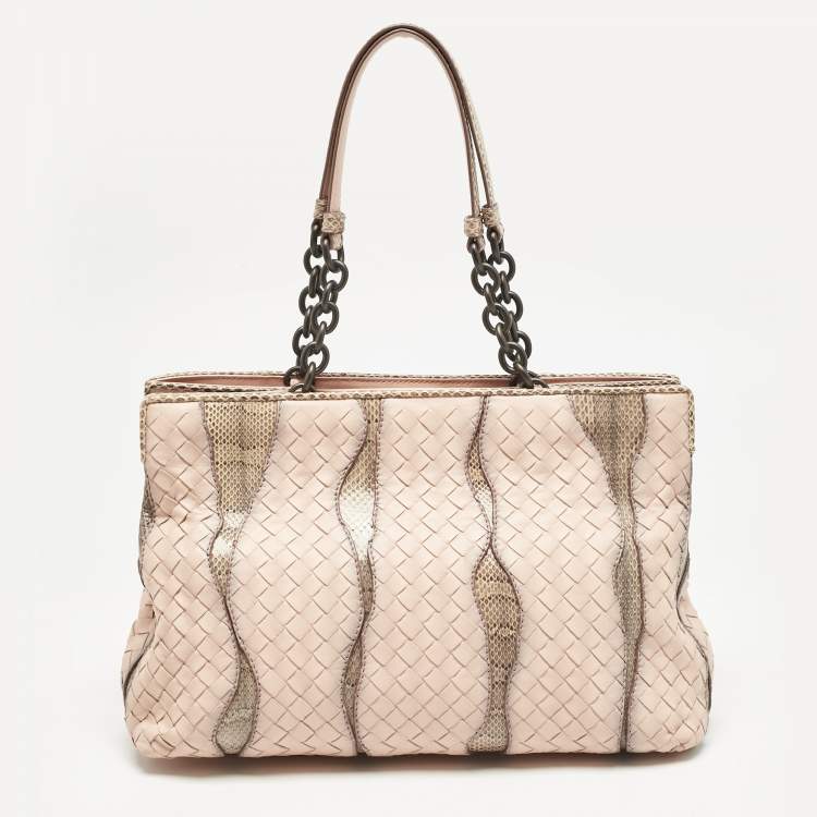 Pre Owned Bottega Veneta Salmon/Beige Intrecciato Leather and Snakeskin Frame Tote