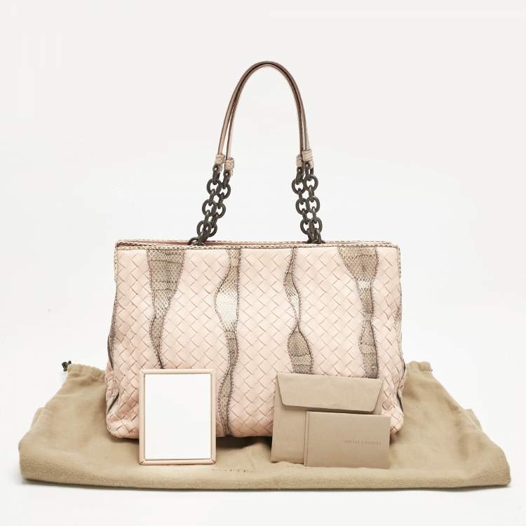 Pre Owned Bottega Veneta Salmon/Beige Intrecciato Leather and Snakeskin Frame Tote