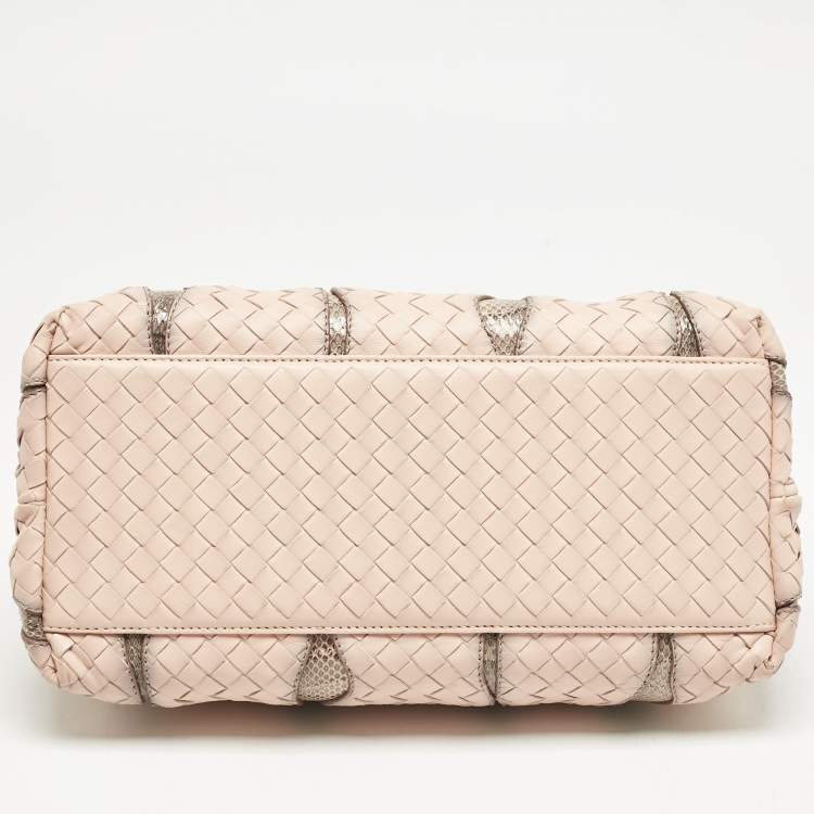 Pre Owned Bottega Veneta Salmon/Beige Intrecciato Leather and Snakeskin Frame Tote