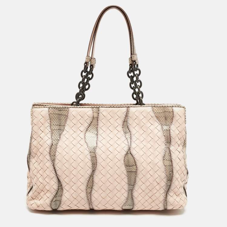 Pre Owned Bottega Veneta Salmon/Beige Intrecciato Leather and Snakeskin Frame Tote