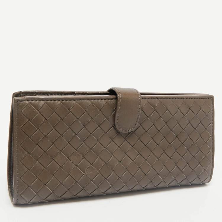 Pre Owned Bottega Veneta Dark Beige Intrecciato Leather Bifold Continental Wallet