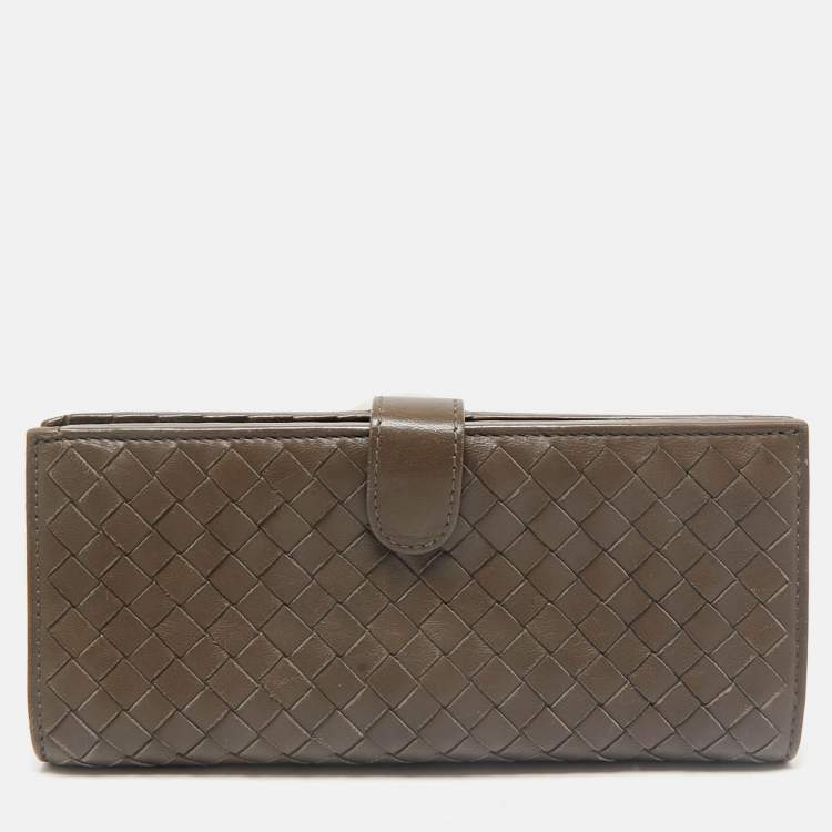 Pre Owned Bottega Veneta Dark Beige Intrecciato Leather Bifold Continental Wallet