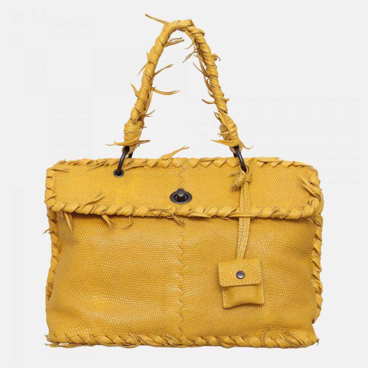 Pre Owned Bottega Veneta Lizard Turnlock Flap Top Handle Bag