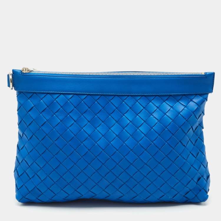 Pre Owned Bottega Veneta Blue Intrecciato Leather Top Zip Pouch