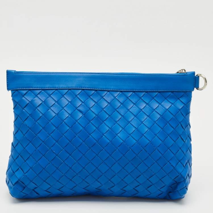 Pre Owned Bottega Veneta Blue Intrecciato Leather Top Zip Pouch