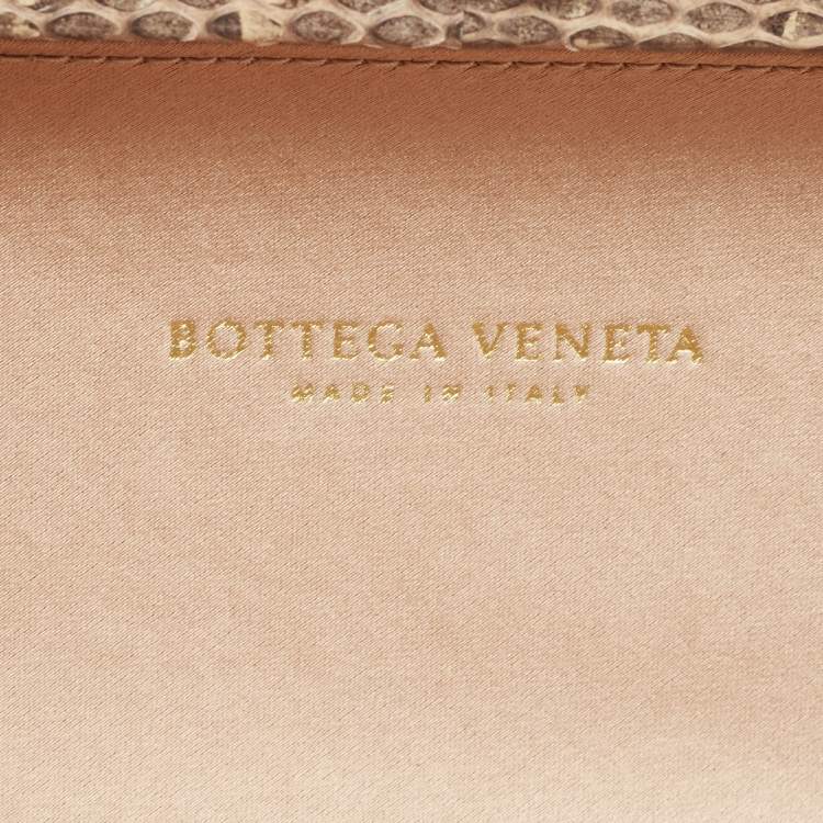 Pre Owned Bottega Veneta Beige Intrecciato Satin and Water Snakeskin Trim Knot Clutch