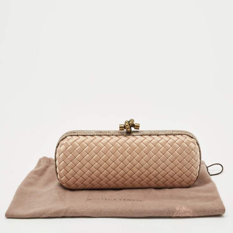 Pre Owned Bottega Veneta Beige Intrecciato Satin and Water Snakeskin Trim Knot Clutch