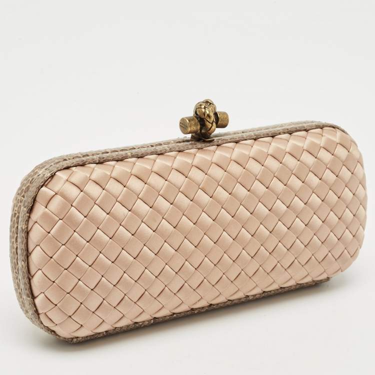 Pre Owned Bottega Veneta Beige Intrecciato Satin and Water Snakeskin Trim Knot Clutch