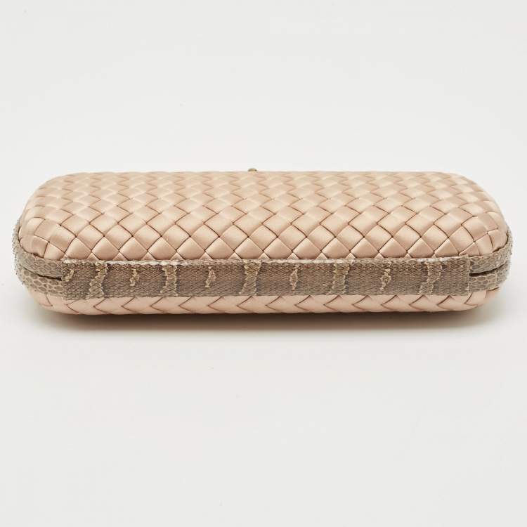 Pre Owned Bottega Veneta Beige Intrecciato Satin and Water Snakeskin Trim Knot Clutch