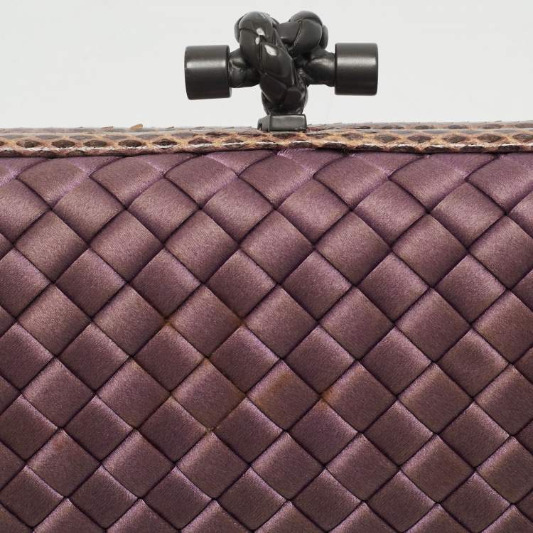 Pre Owned Bottega Veneta Purple Intrecciato Satin and Water Snakeskin Trim Knot Long Clutch