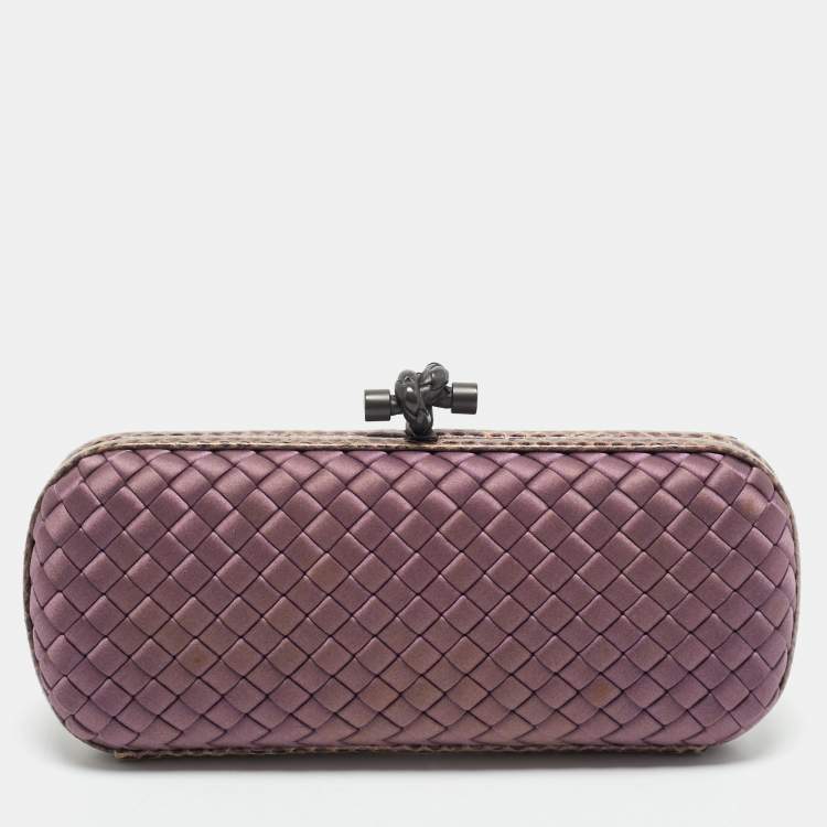 Pre Owned Bottega Veneta Purple Intrecciato Satin and Water Snakeskin Trim Knot Long Clutch