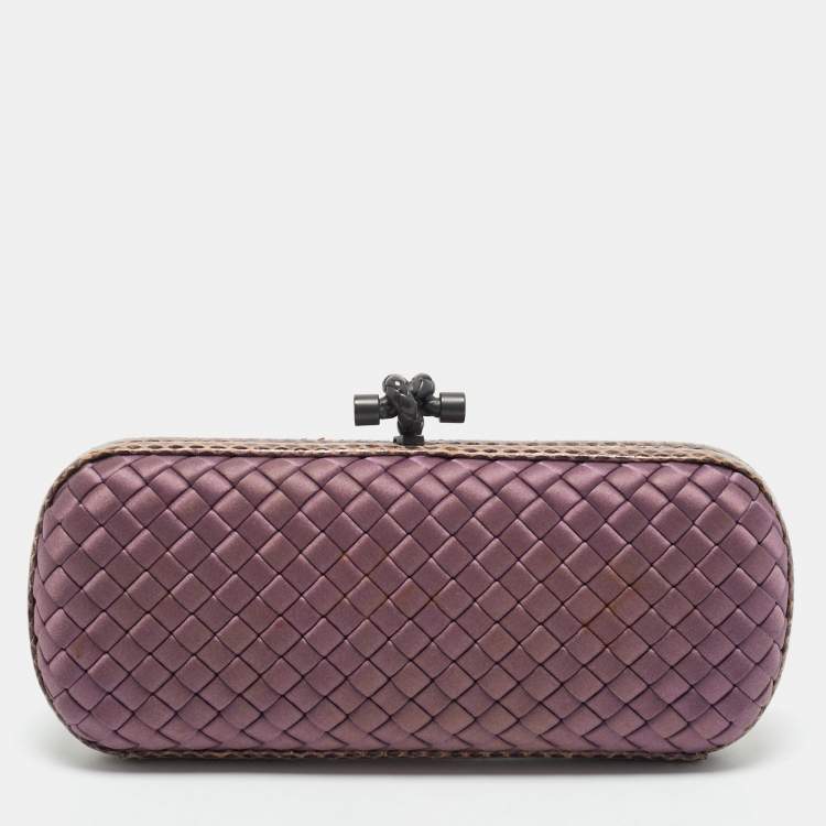 Pre Owned Bottega Veneta Purple Intrecciato Satin and Water Snakeskin Trim Knot Long Clutch
