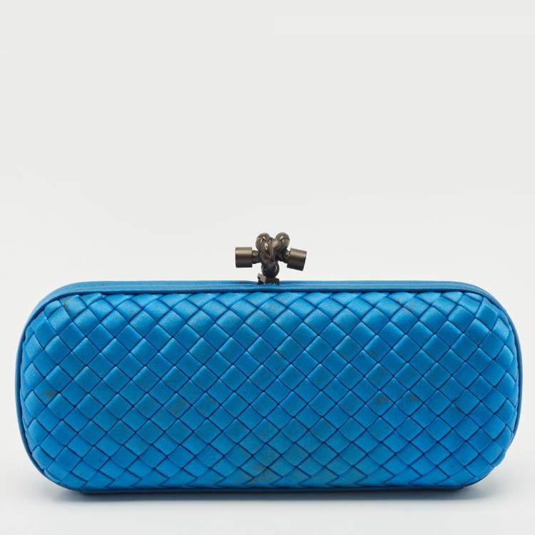 Pre Owned Bottega Veneta Blue Intrecciato Satin Stretch Knot Clutch