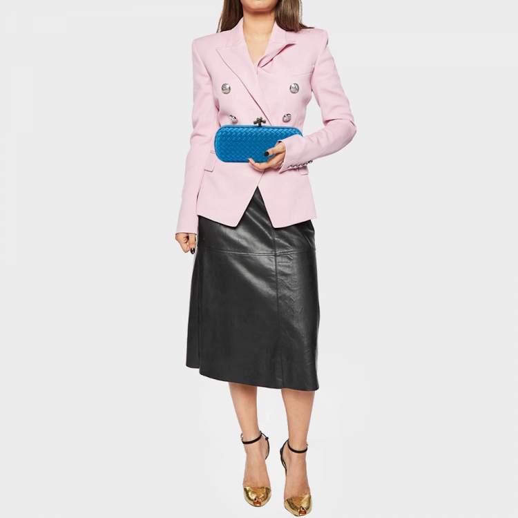 Pre Owned Bottega Veneta Blue Intrecciato Satin Stretch Knot Clutch