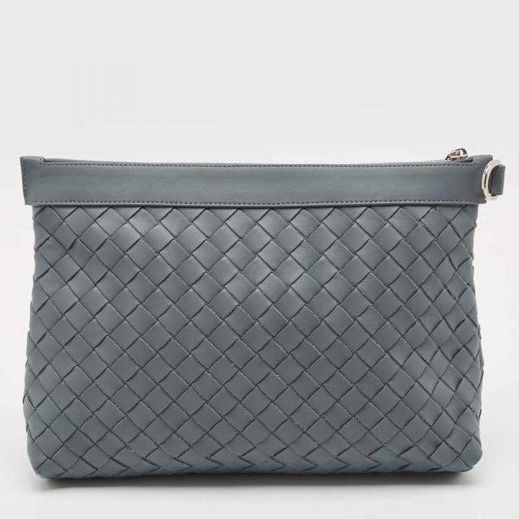 Pre Owned Bottega Veneta Slate Grey Intrecciato Leather Oversized Zip Pouch