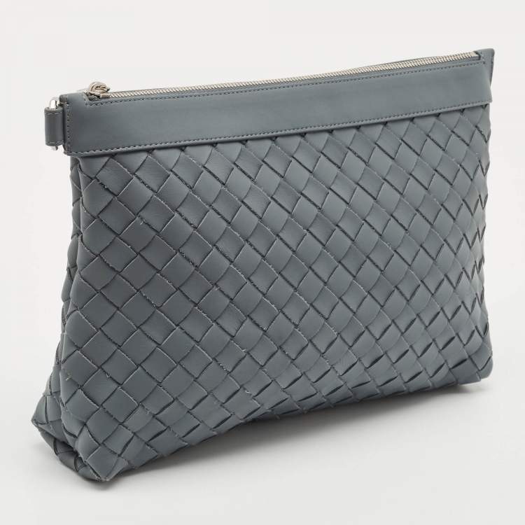 Pre Owned Bottega Veneta Slate Grey Intrecciato Leather Oversized Zip Pouch