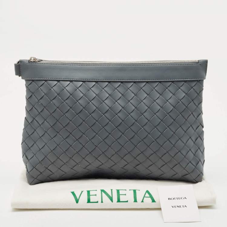 Pre Owned Bottega Veneta Slate Grey Intrecciato Leather Oversized Zip Pouch