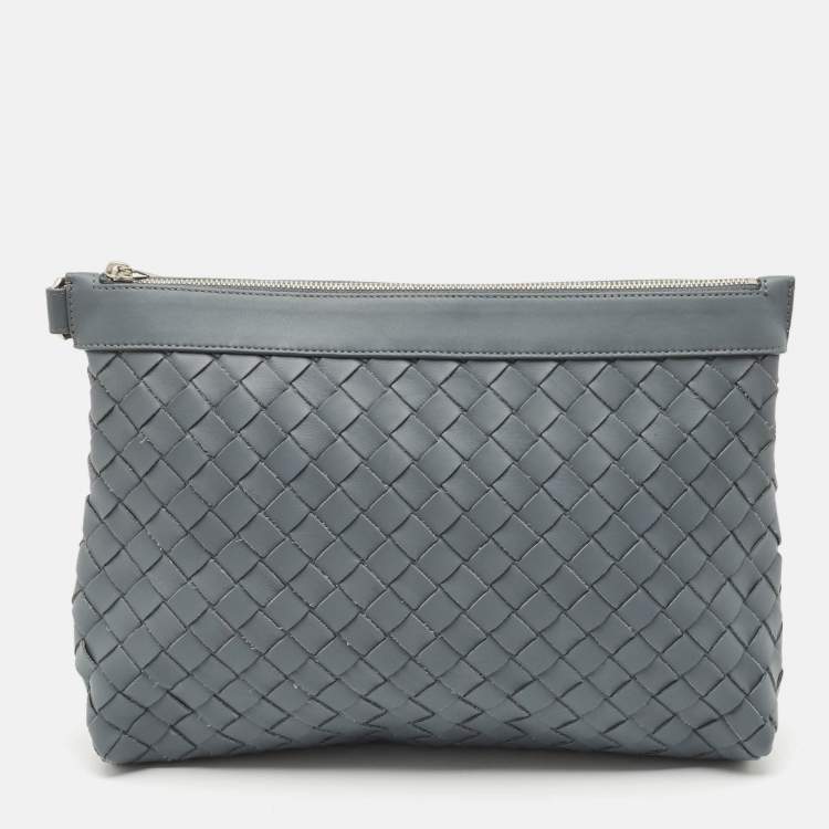 Pre Owned Bottega Veneta Slate Grey Intrecciato Leather Oversized Zip Pouch