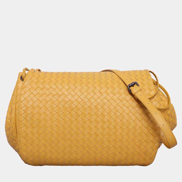 Pre Owned Bottega Veneta Intrecciato  Yellow Leather Messenger Bag