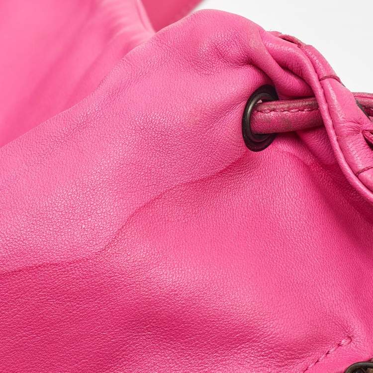Pre Owned Bottega Veneta Pink Intrecciato Leather Flap Drawstring Crossbody Bag