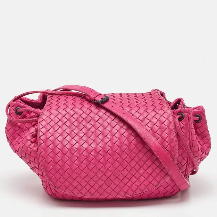Pre Owned Bottega Veneta Pink Intrecciato Leather Flap Drawstring Crossbody Bag