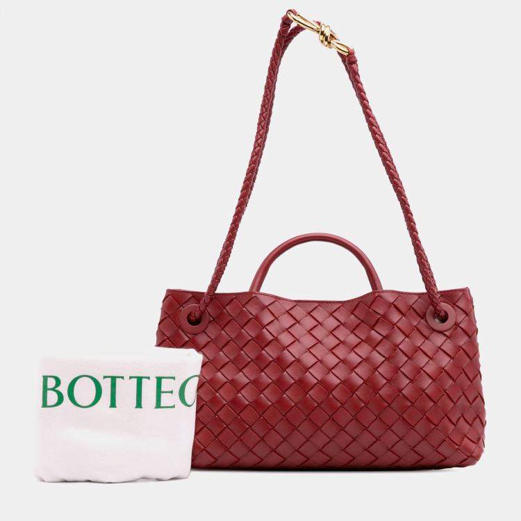 Pre Owned Bottega Veneta Red Lambskin Intrecciato East West Andiamo Top Handle Bag