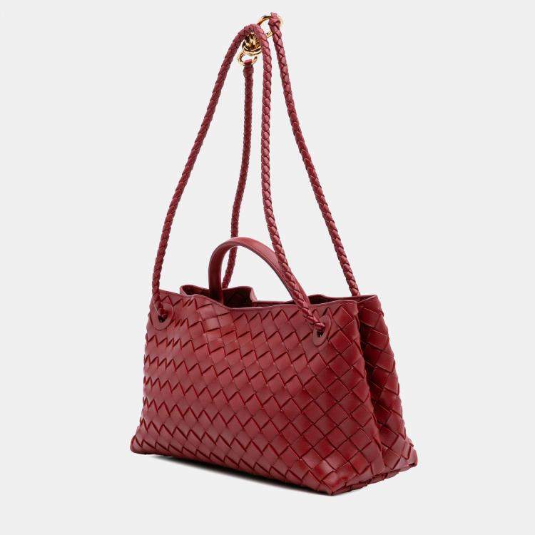 Pre Owned Bottega Veneta Red Lambskin Intrecciato East West Andiamo Top Handle Bag