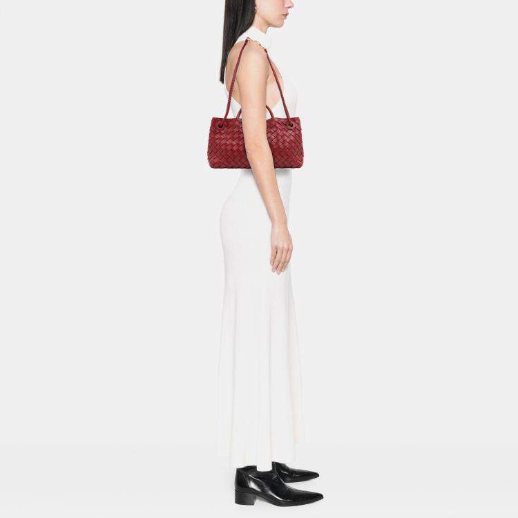 Pre Owned Bottega Veneta Red Lambskin Intrecciato East West Andiamo Top Handle Bag