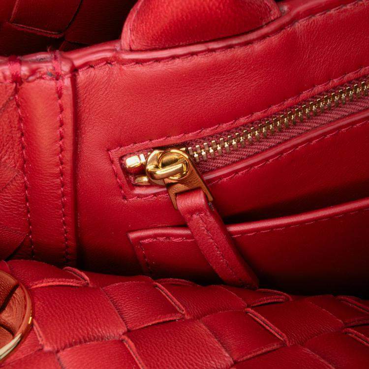Pre Owned Bottega Veneta Red Lambskin Intrecciato East West Andiamo Top Handle Bag