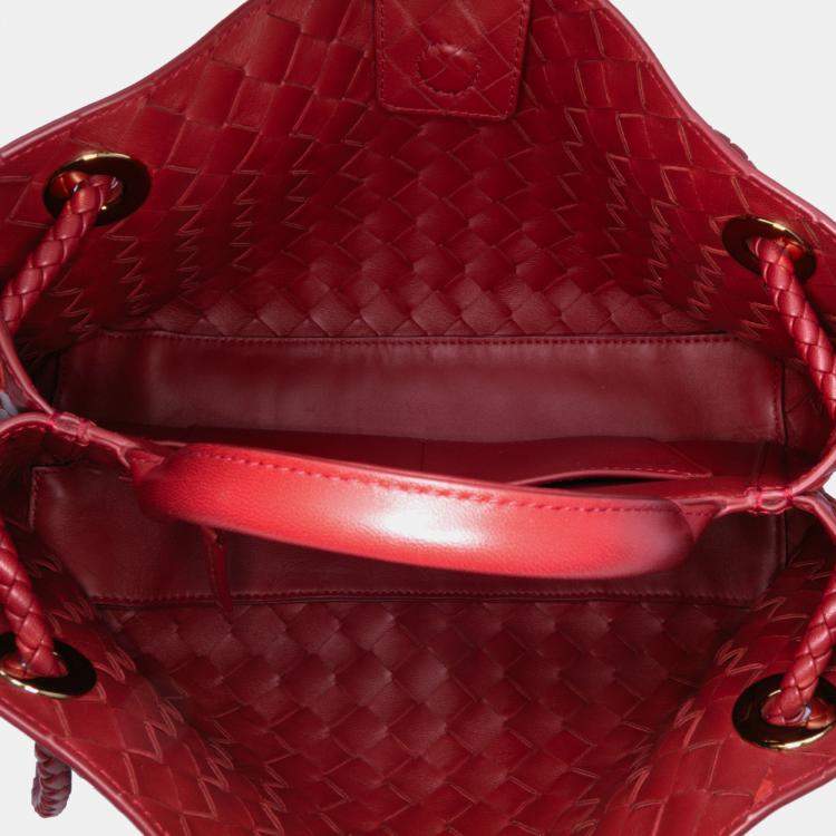 Pre Owned Bottega Veneta Red Lambskin Intrecciato East West Andiamo Top Handle Bag