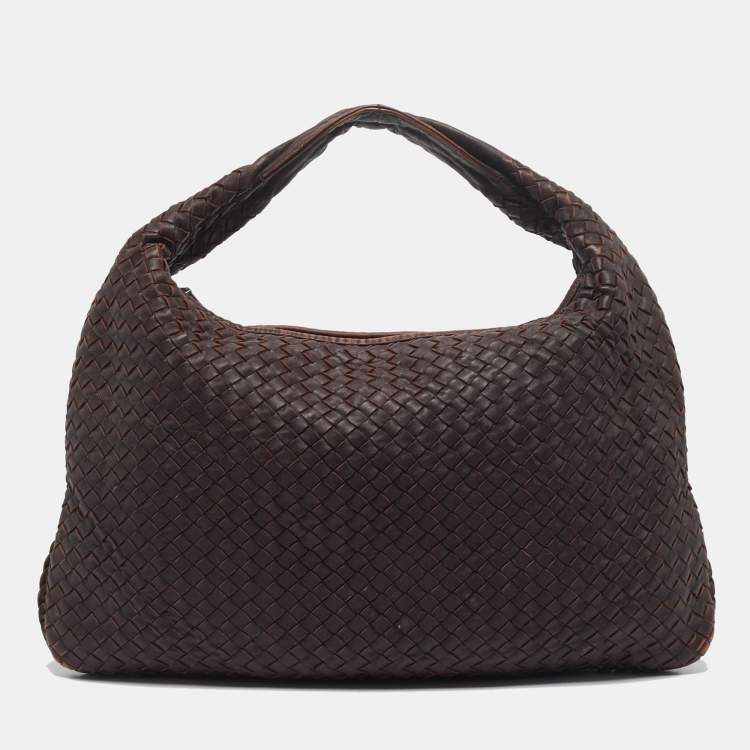 Pre Owned Bottega Veneta Dark Brown Intrecciato Leather Large Veneta Hobo
