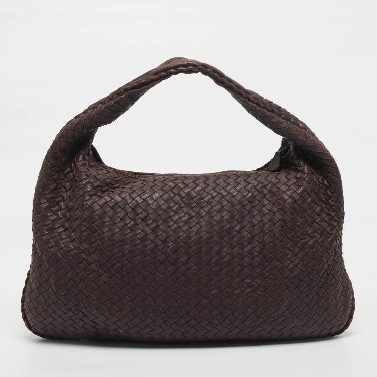 Pre Owned Bottega Veneta Dark Brown Intrecciato Leather Large Veneta Hobo