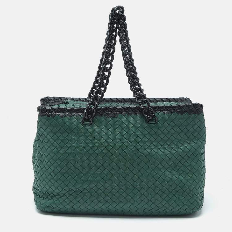 Pre Owned Bottega Veneta Green/Black Intrecciato Leather and  Karung Chain Tote
