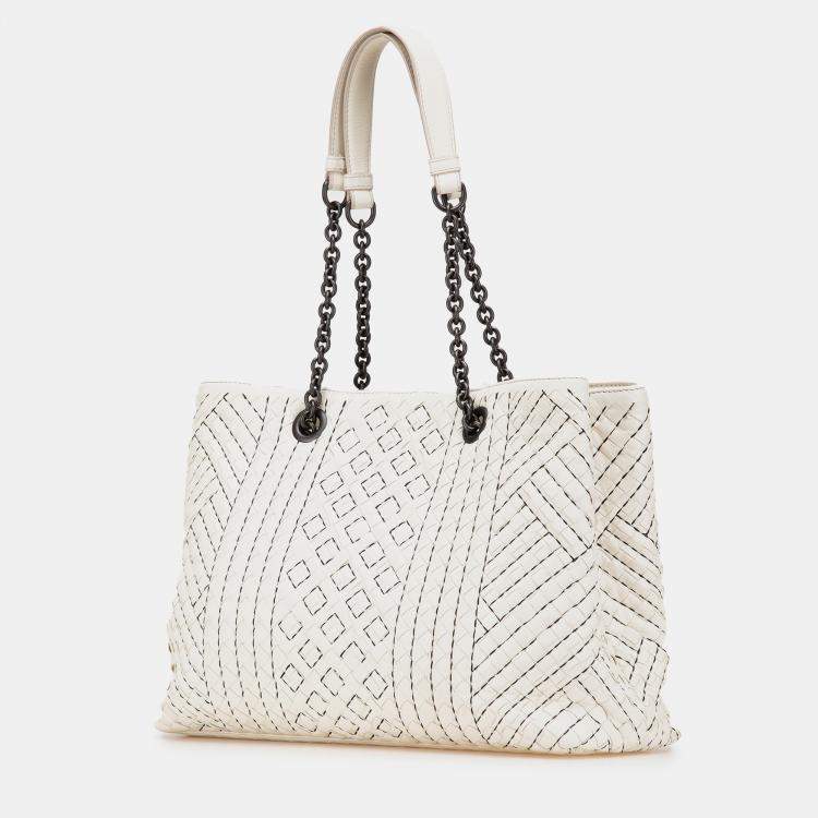 Pre Owned Bottega Veneta Double Chain Tote Medium White Intrecciato Stitched Leather Bag