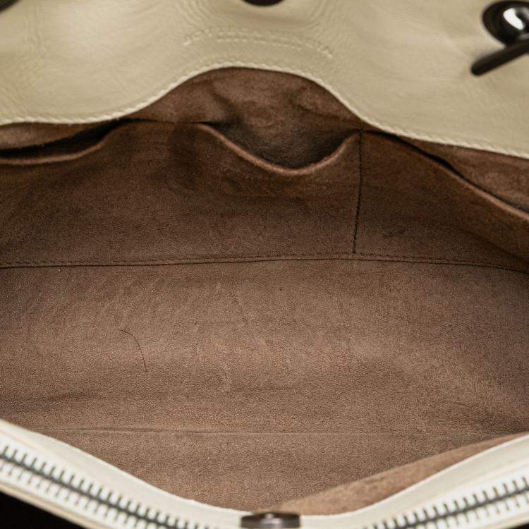 Pre Owned Bottega Veneta Double Chain Tote Medium White Intrecciato Stitched Leather Bag