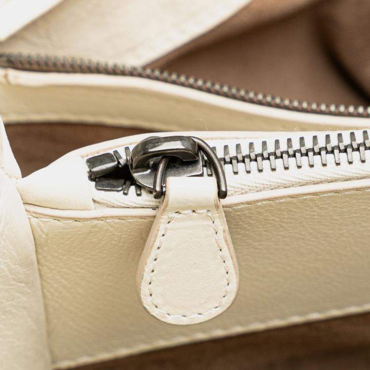 Pre Owned Bottega Veneta Double Chain Tote Medium White Intrecciato Stitched Leather Bag